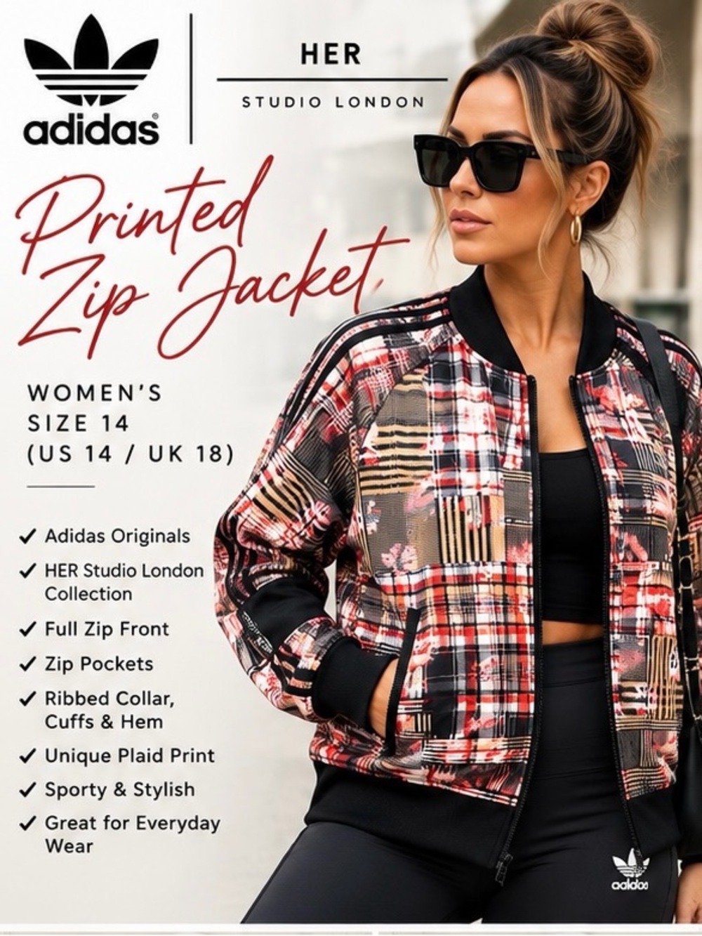 adidas Women’s Black & Red Plaid Printed Zip Bomber Jacket